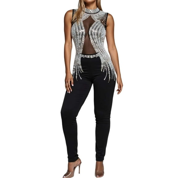 Women's Summer Jumpsuit Sleeveless Casual Romper With Rhinestone For Daily Outings And Leisure Activities
