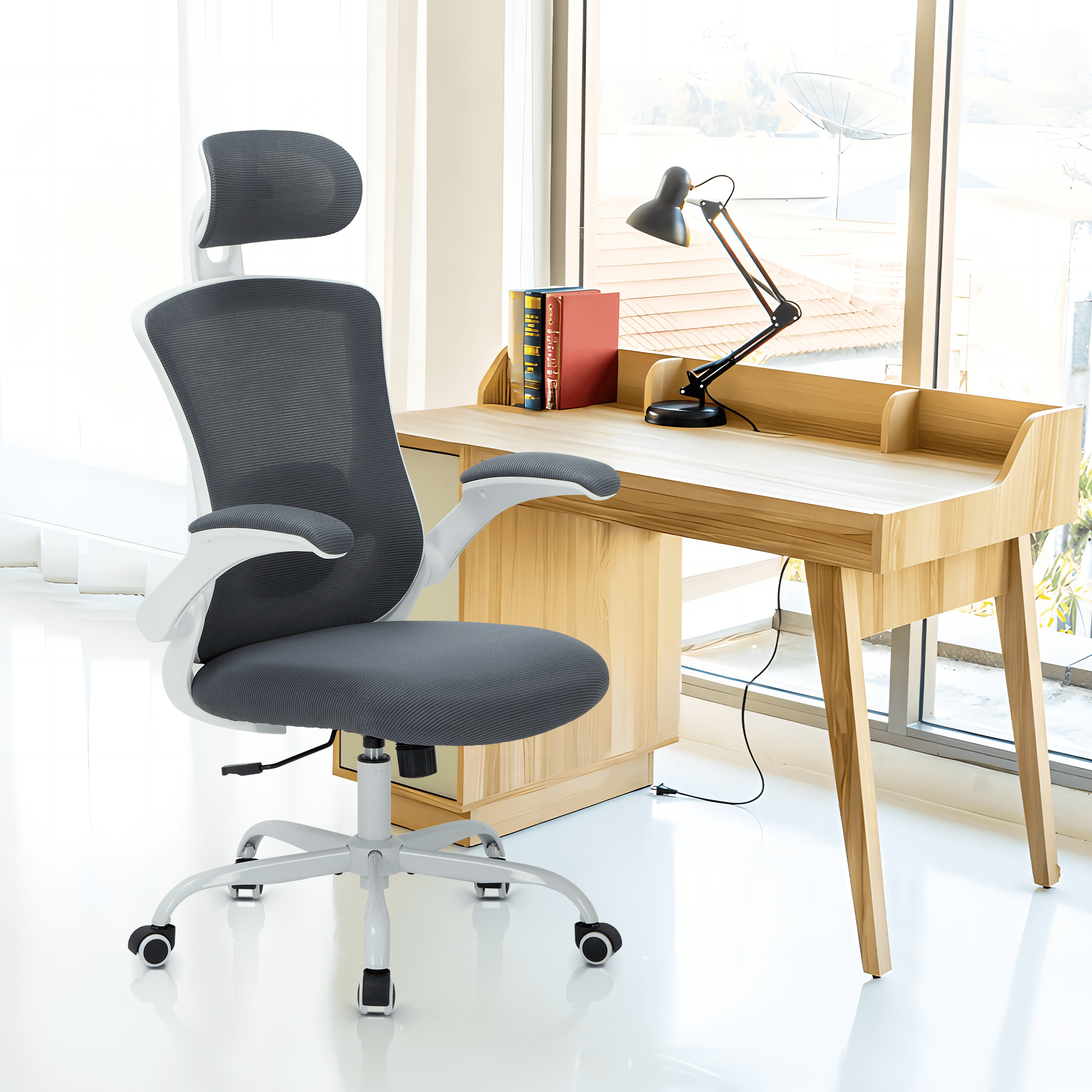 AFO High Back Ergonomic Office Chair, Adjustable Lumbar Support & Headrest Mesh Desk Chair with Flip-Up Arms, 275lbs Heavy Duty Metal Base Computer Task Chair for Home Office, Gray