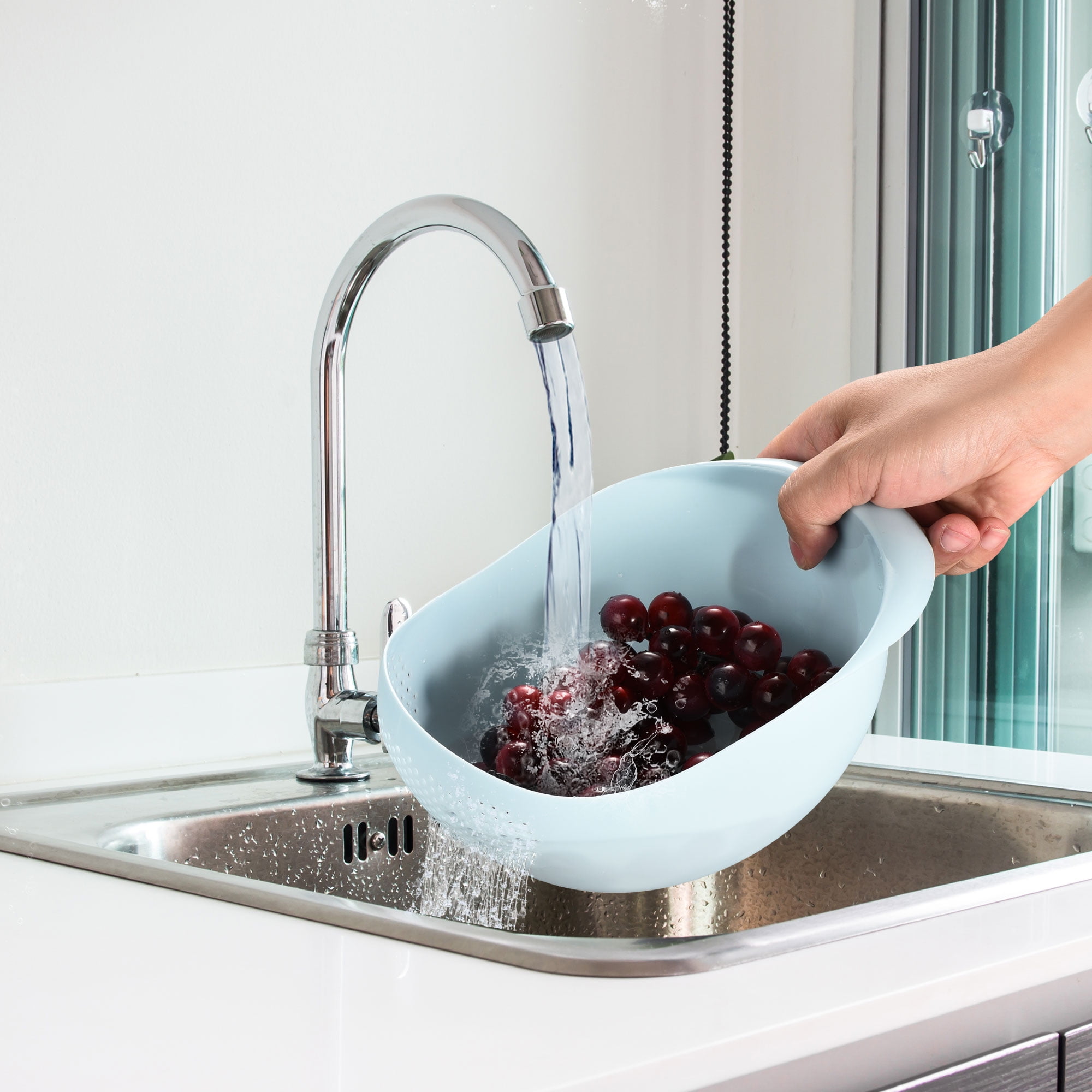 Unique Bargains Kitchen Colander Bowl Set, Plastic Colander Strainer, Washing Bowl and Round Food Strainers for Draining Pasta/Vegetable/Fruit Blue,Pink 22cm x 16.5cm x 12cm