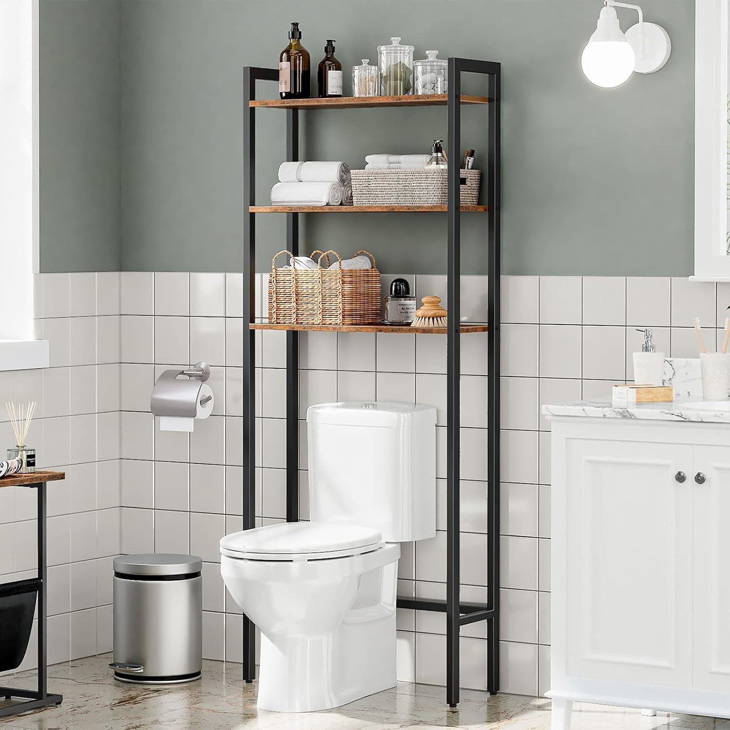 Tupukom Over the Toilet Storage Cabinet Bathroom Organizers Rack Freestanding Space Saver Shelf for Restroom Laundry Bathroom Decor Accessories,3-layer