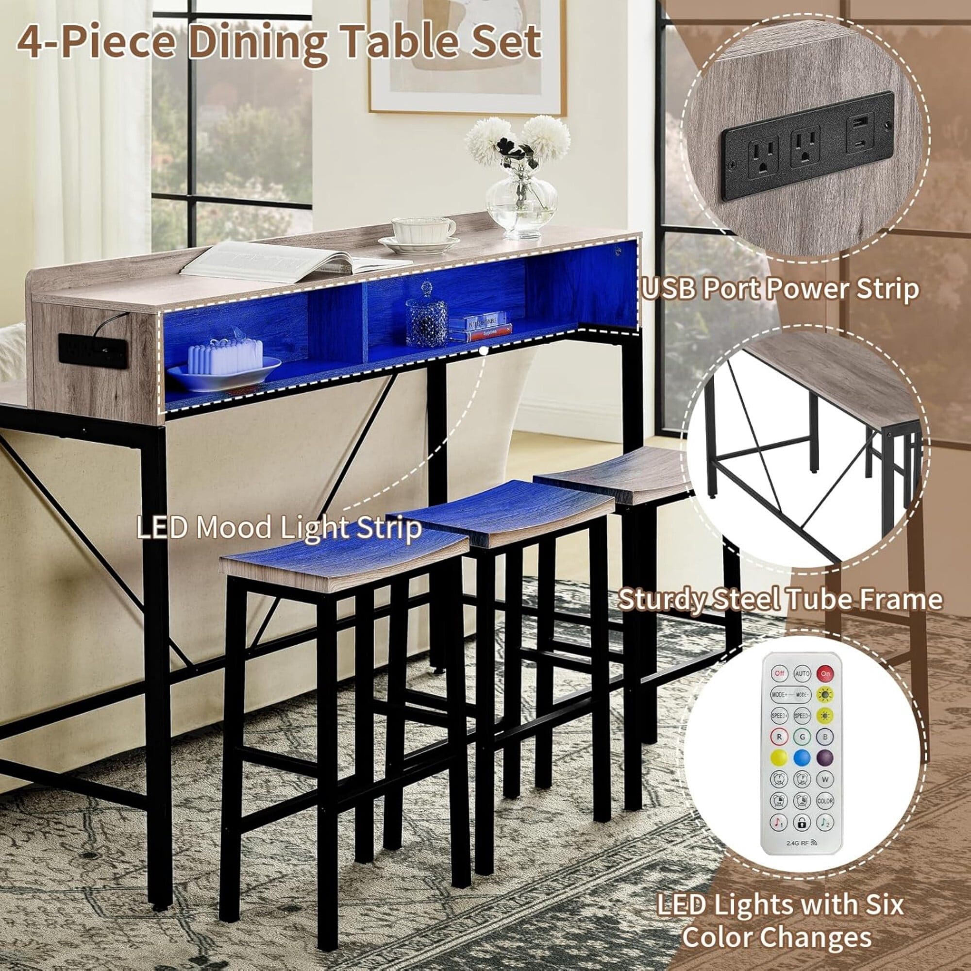 AENKYO 59" 4-Piece Sofa Bar Table and Chair Set, Dining Table with 3 Saddle Stools, Charging Station & LED Lights, Antique Gray