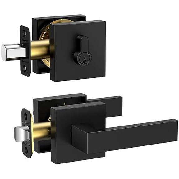 Matte Black Door Handle Heavy Duty, Reversible Square Door Lever for Bedroom, Bathroom, Rooms (Deadbolt with Passage Lever, 1 Pack)$$Tools & Hardware Other