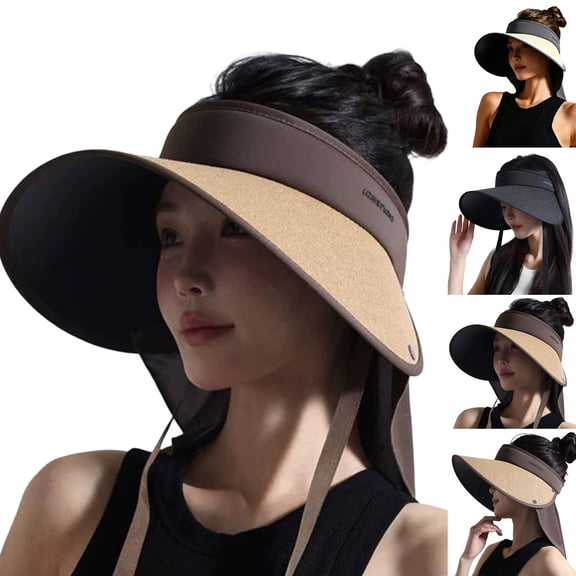Cutuoiiu Womens Spring Summer Two Tone Empty Top Sun Visor Solid Color Extra Wide Brim With Detachable Neck Flap Adjustable Wind Lanyard Protection Hat for Golf Hiking Beach Outdoor