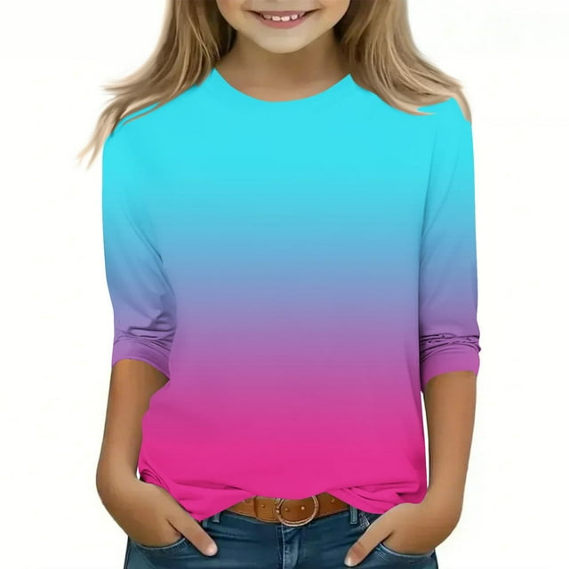 WRKEKC Chemises à Manches Longues pour Filles, T-Shirts à Manches Longues pour Filles, Hauts/chemises à Col Rond 3/4 Couleur Unie Tendance pour Enfants