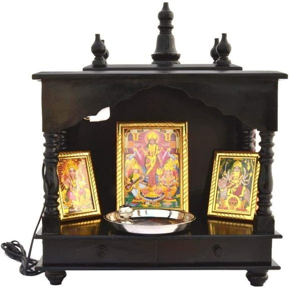 Indian Handicrafts Export Handpainted Wooden Home Temple with Doors, Rajasthani Art (in Side Puja thali, Poja Books,God Pics.LED Lights nd More.