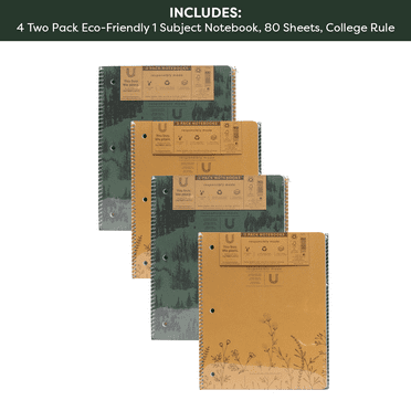 U Style Eco-Friendly 1 Subject Notebook, 80 Sheets, College Rule, 4 Pack