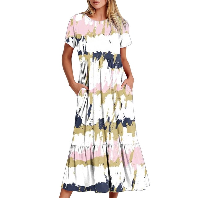 Dress Robes pour Femmes Été 2024 Surdimensionné Col Rond Manches Courtes Mi-Mollet Double Poche Rayé Imprimé Manches Courtes Col Rond Dress 50% de Réduction Liquidation!