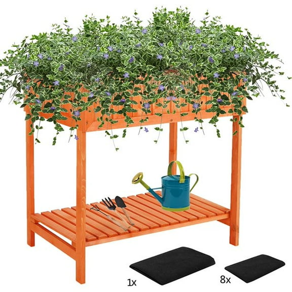 Arlopu Raised Garden Bed, Elevated Wood Planter Box Stand with Storage Shelf, Backyard Garden Bed with Grow Grids & Liner