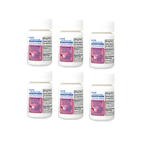 Major Banophen Complete Allergy Medication Diphenhydramine HCI 25mg Antihistamine, 100 Capsules - Pack of 6