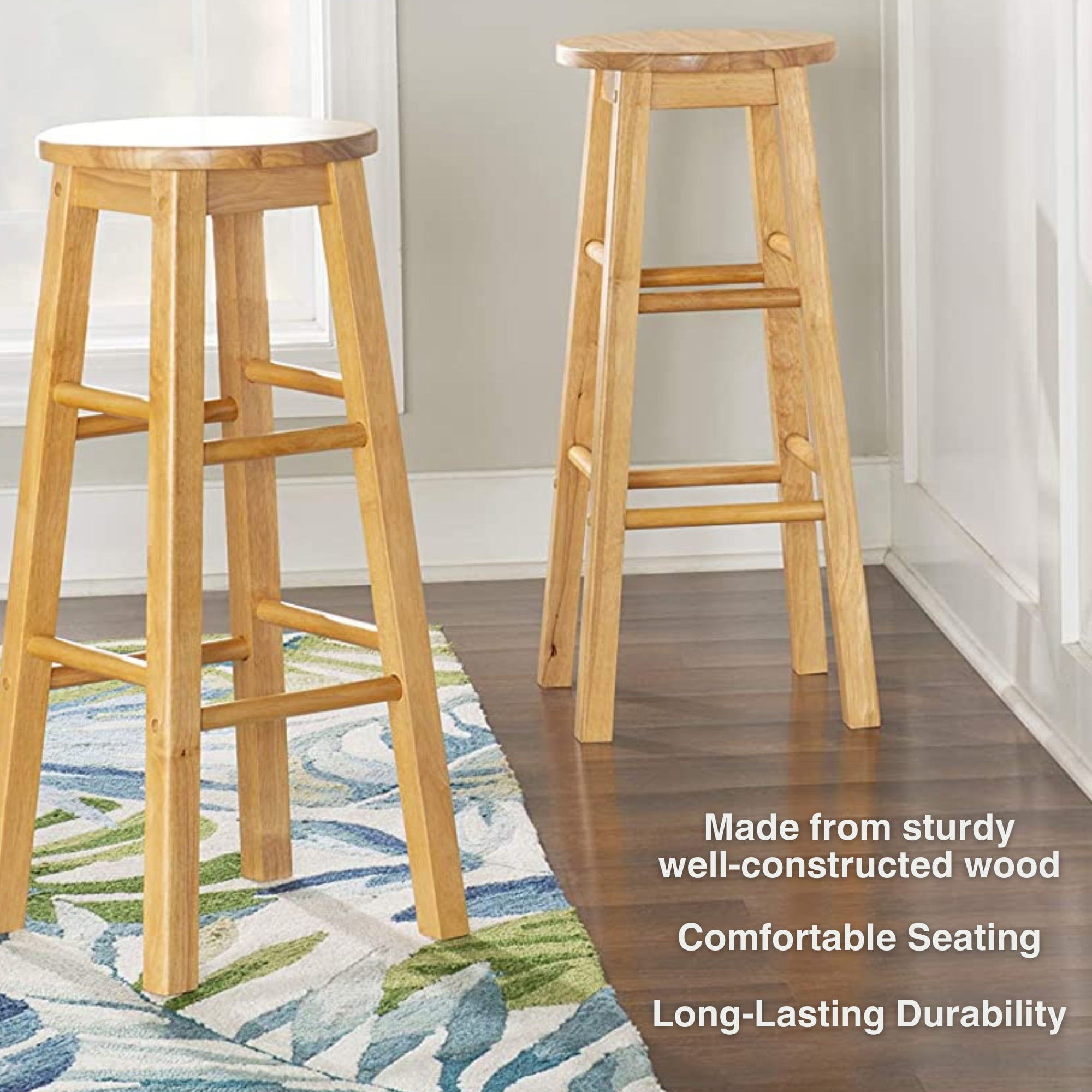 PJ Wood Classic Round-Seat 29 Inch Kitchen Bar Stools, Natural, Set of 2