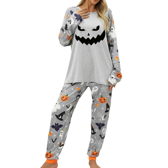 XIAONU Womens Pajama Sets Terrifying Smiling Face Printed Round Neck Striped Pajama Pants Pullover Top Elastic High-Waisted Pants Pleasure Sleepwear