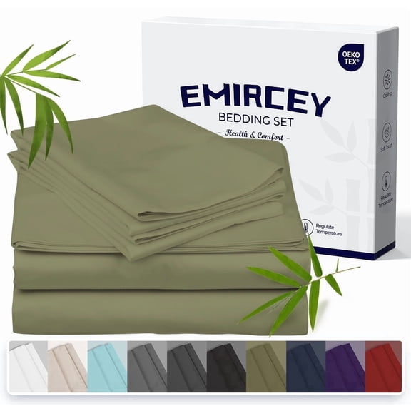 3 Piece Sheet Set, Cooling Sheets, 100% Rayon Derived from Bamboo, Breathable & Soft California King Size Bed Set, Deep Pocket Up to 12", Hotel Luxury Silky Bedding Sheets, Olive Green