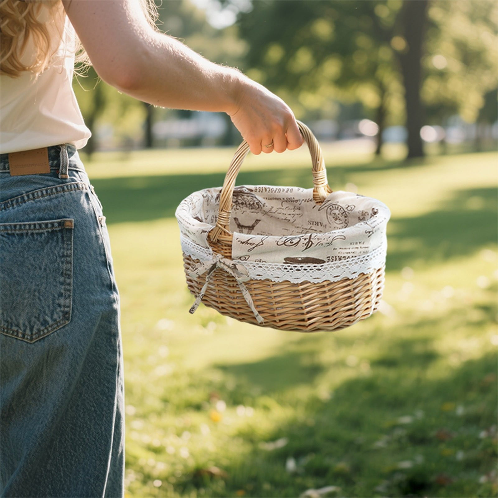 Vintage Oval Multfunction Picnic Basket - Removable Printed Liner, Portable Storage Basket, Suitable for Picnics Camping, Home Decor, Hiking, Easter, Spring Supplies, L13.8 x W10.2 x H12.6 in
