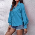 thumbnail image 2 of Women's Button down Shirts Collared Vneck Lantern Long Sleeve Tops Casual Solid Color Dressy Chiffon Blouse Tee, 2 of 4