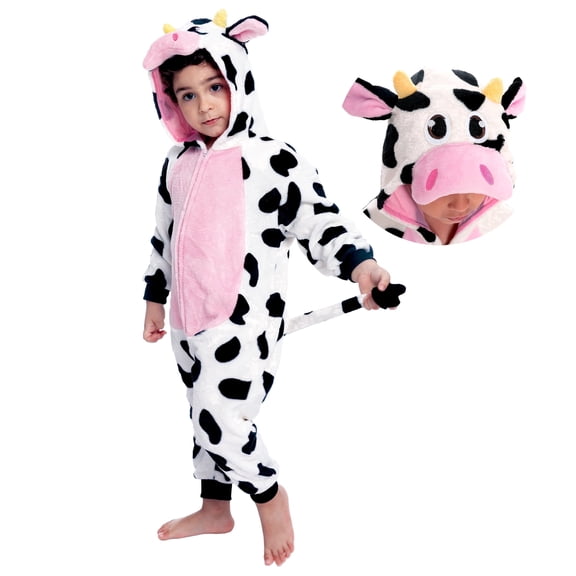 Joyfy Cow Costume for Baby Toddler Plush Hooded Romper Jumpsuit Pajama for Halloween Dress Up Party Ages 3-4
