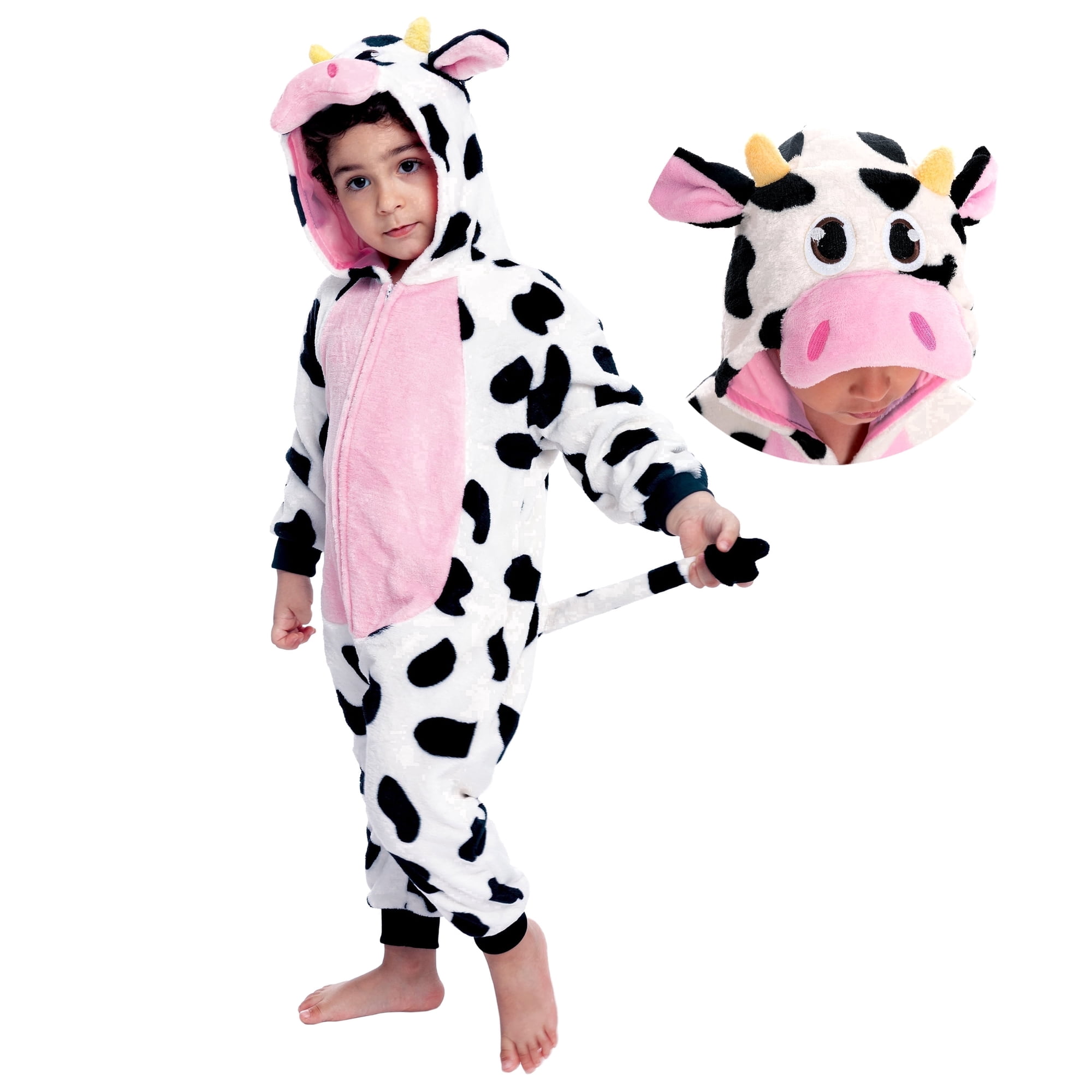 Joyfy Cow Costume for Baby Toddler Plush Hooded Romper Jumpsuit Pajama for Halloween Dress Up Party Ages 3-4