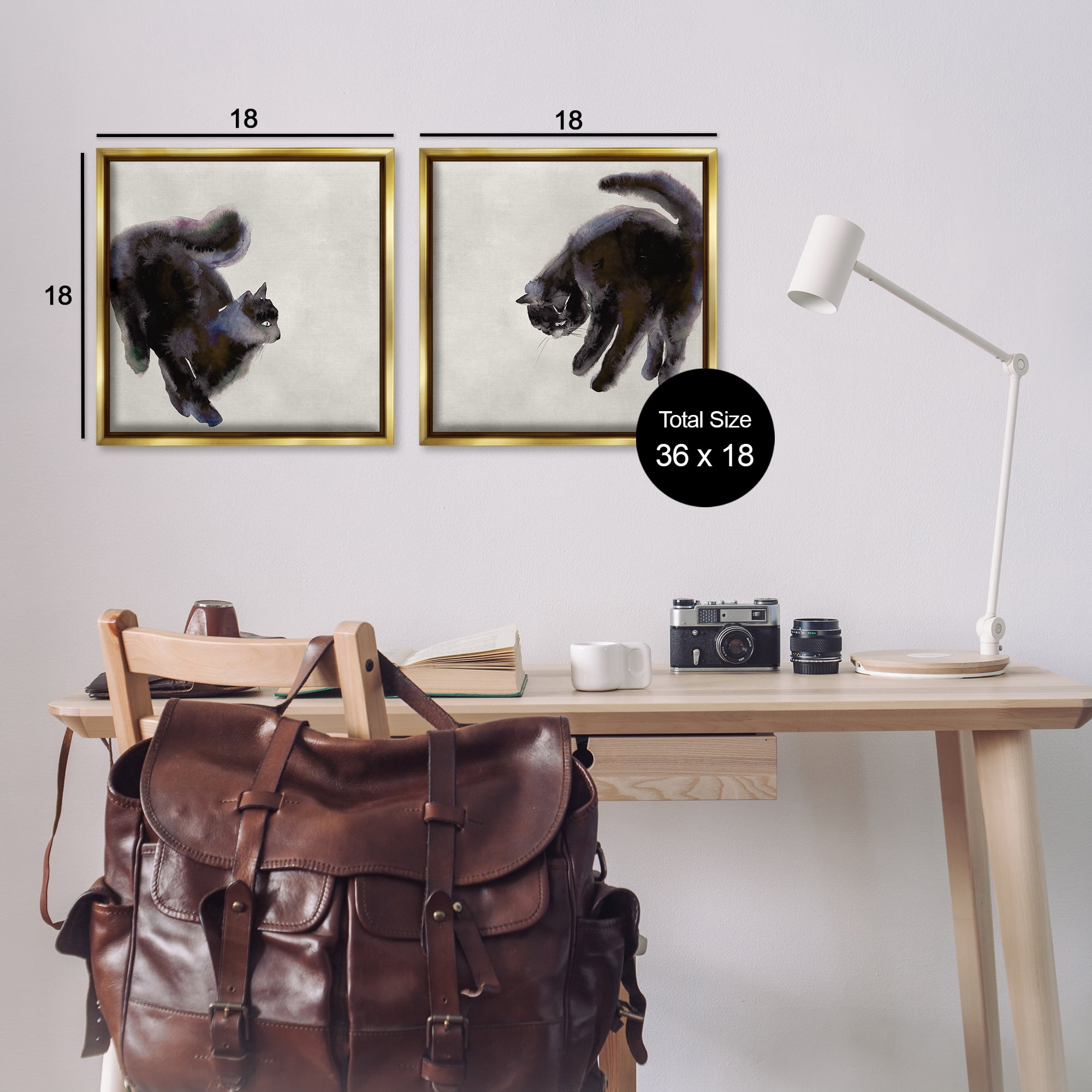 Stupell Industries Fuzzy Black Cats on Beige Animals Painting Gold Floater Framed Canvas Art Print Wall Art, 18 x 18, Set of 2