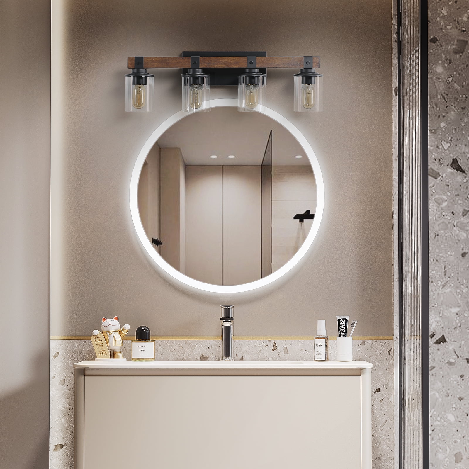 4 Lights 27.2inch Bathroom Vanity Light Fixtures , Wooden Farmhouse Vanity Lights Rustic Bathroom Lights Over Mirror with Clear Glass Shade Black Industrial Wall Sconce