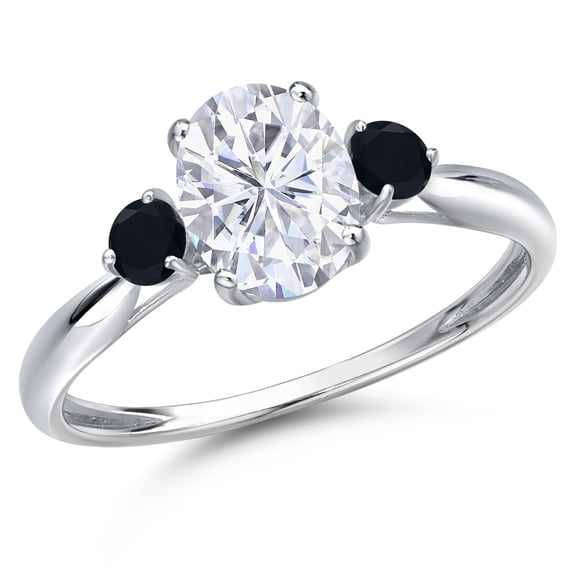 Gem Stone King 10K White Gold White Moissanite and Black Onyx 3-Stone Ring for Women | 1.70 Cttw | Oval 8X6MM | Gemstone Birthstone | Size 8