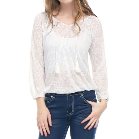 Women Jacquard Pattern - unique bargains women's paisley pattern jacquard tasseled ties peasant blouse