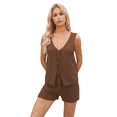 thumbnail image 1 of Conjunto de 2 Piezas de Ropa de Estar Informal de Punto para Mujer, con Escote en V y Lazo Frontal, Chaleco y Pantalones Cortos A Juego, para Playa Marrón S, 1 of 7