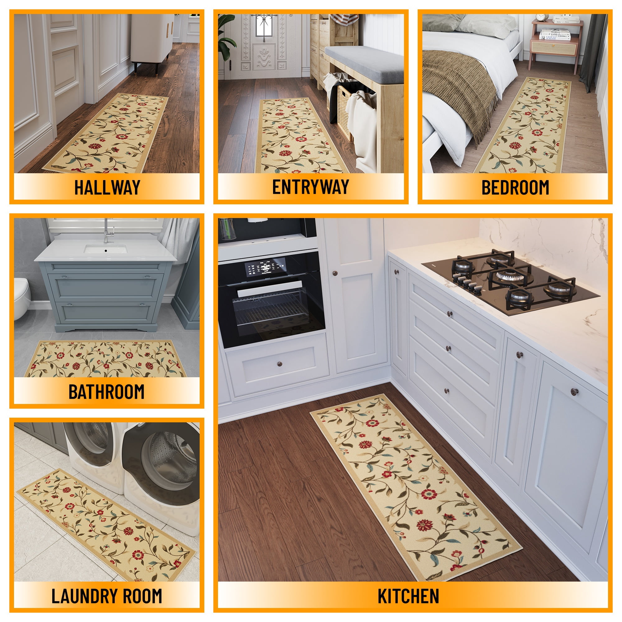 Ottomanson Floral Bathroom Runner Rug 20" x 53" - Non Slip Low Pile Carpet, Beige