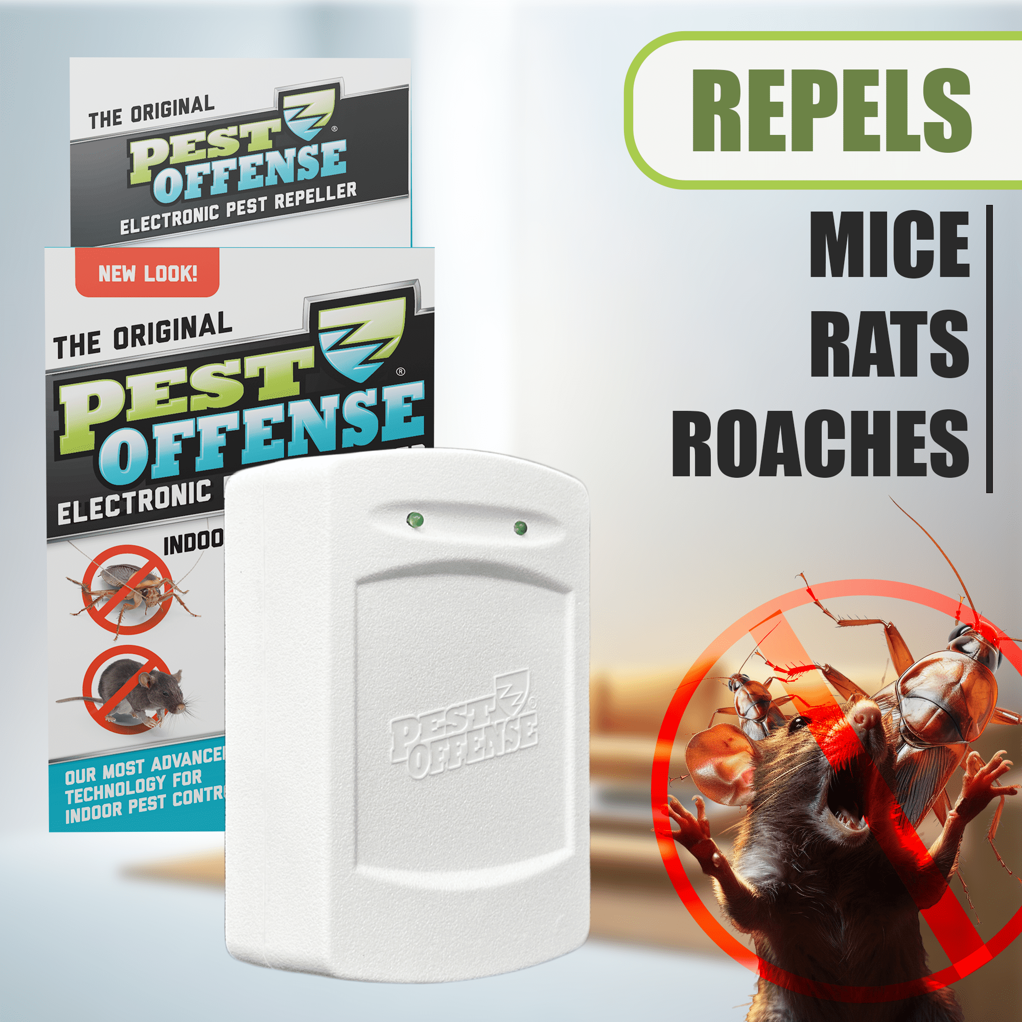 Next Gen PEST OFFENSE Electronic Pest Repeller For Indoor Pest Control (Effective For Roaches & Mice) - Perfect For Home, Office, Businesses & Warehouses Pack of 1