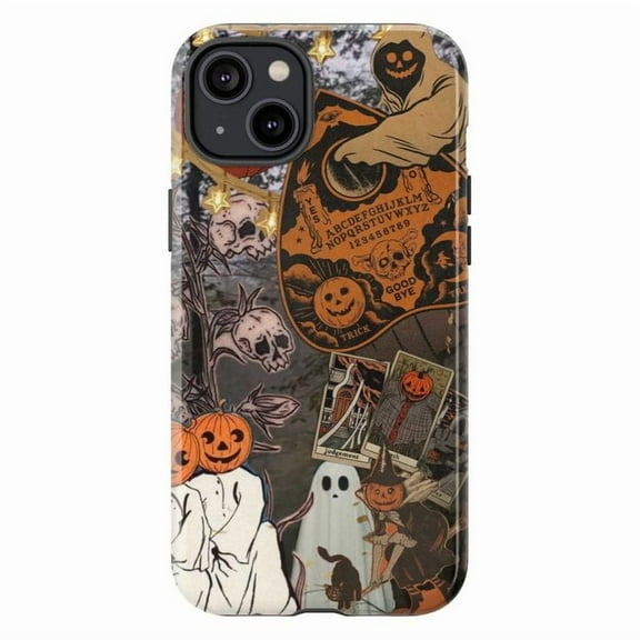Witchy Halloween Phone Case, Vintage Ghost Pumpkin Collage Design, Spooky Aesthetic Protective Cover for iPhone 16 15 14 13 12 11 Pro Max Plus Mini