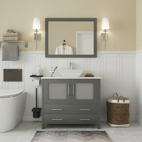 Vanity Art 36 in. W Single Sink Bathroom Vanity with Engineered Marble Top and Free Mirror