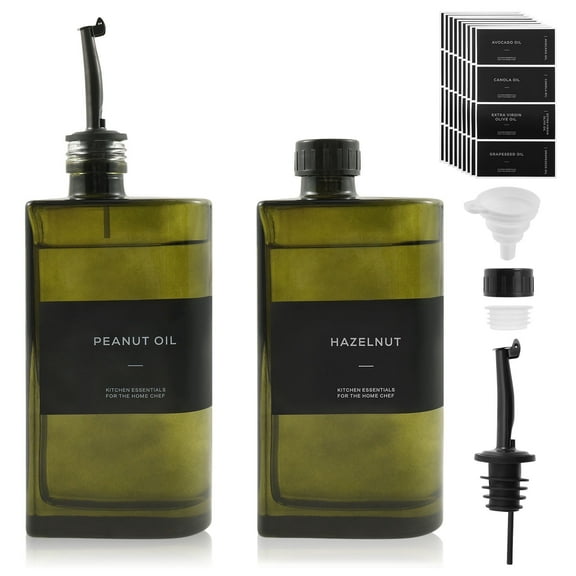 FUYGRCJ 2PCS Olive Oil Dispenser Bottle, UV-Protected Dark Glass Bottle, 500ml Large Capacity Oil and Vinegar Dispenser Set, Soy Sauce Dispenser, Coffee Syrup Bottles with Silicone Funnel and Label