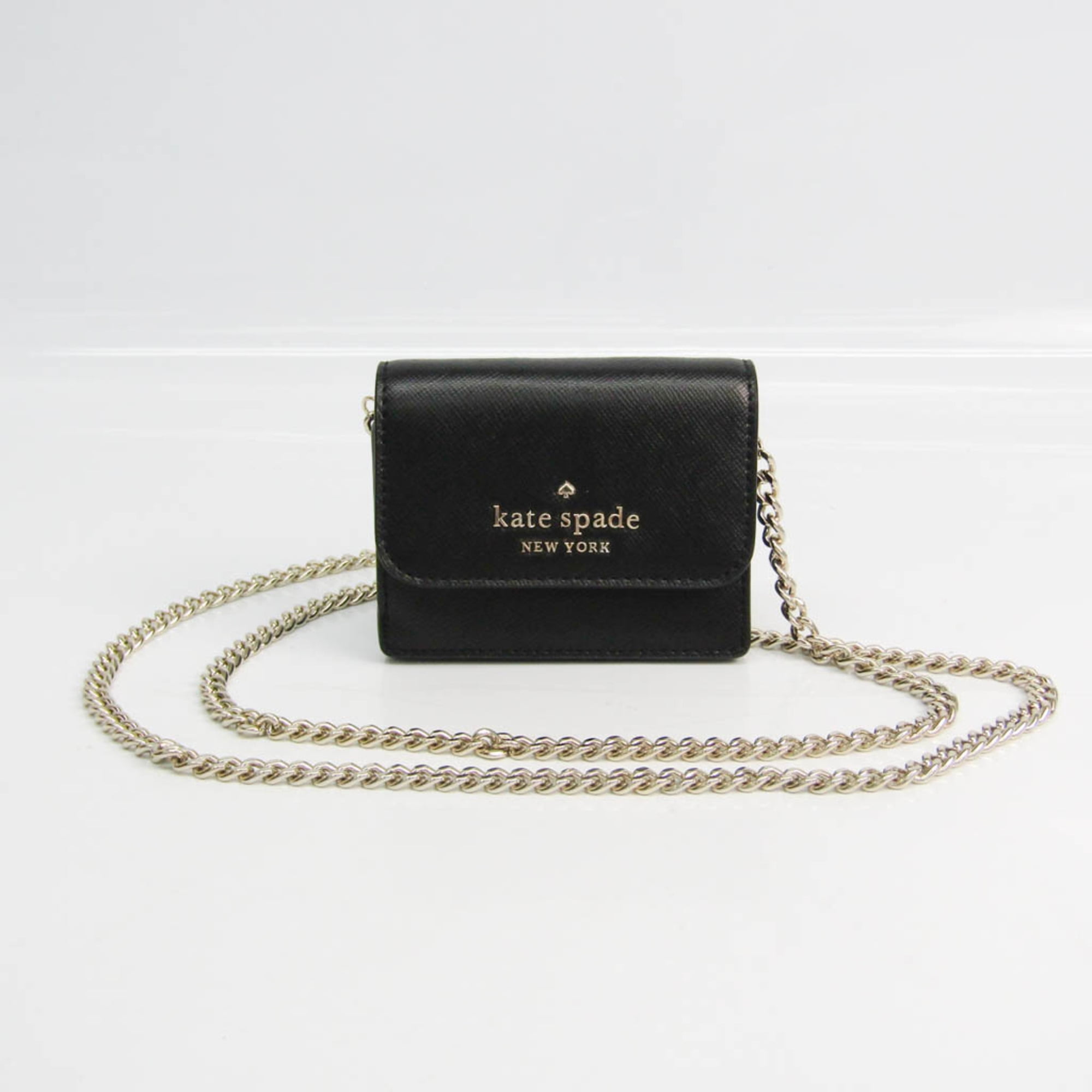 Authenticated Used Kate Spade Stacy Card Case On A Chain Mini Wallet  WLR00153 Women's Leather Chain/Shoulder Wallet Black 