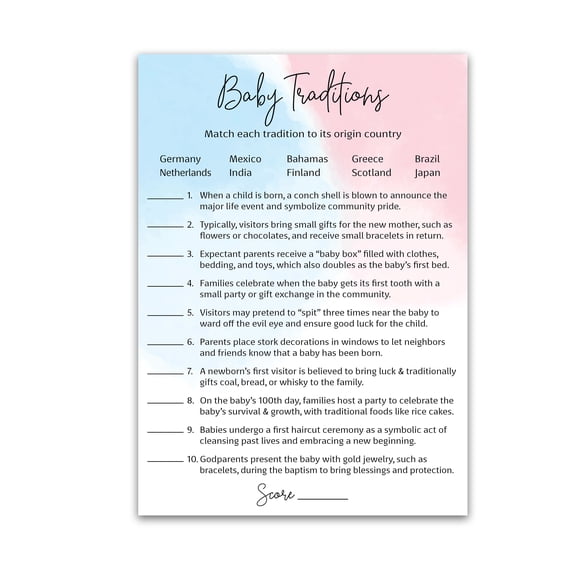 GENDER REVEAL Party Game — BABY TRADITIONS around the World Game — Pack of 25 — Minimalist Pink or Blue Fun Facts Games, Trivia Activity Gender Neutral Baby Shower Activities Couples Shower G752-BTW