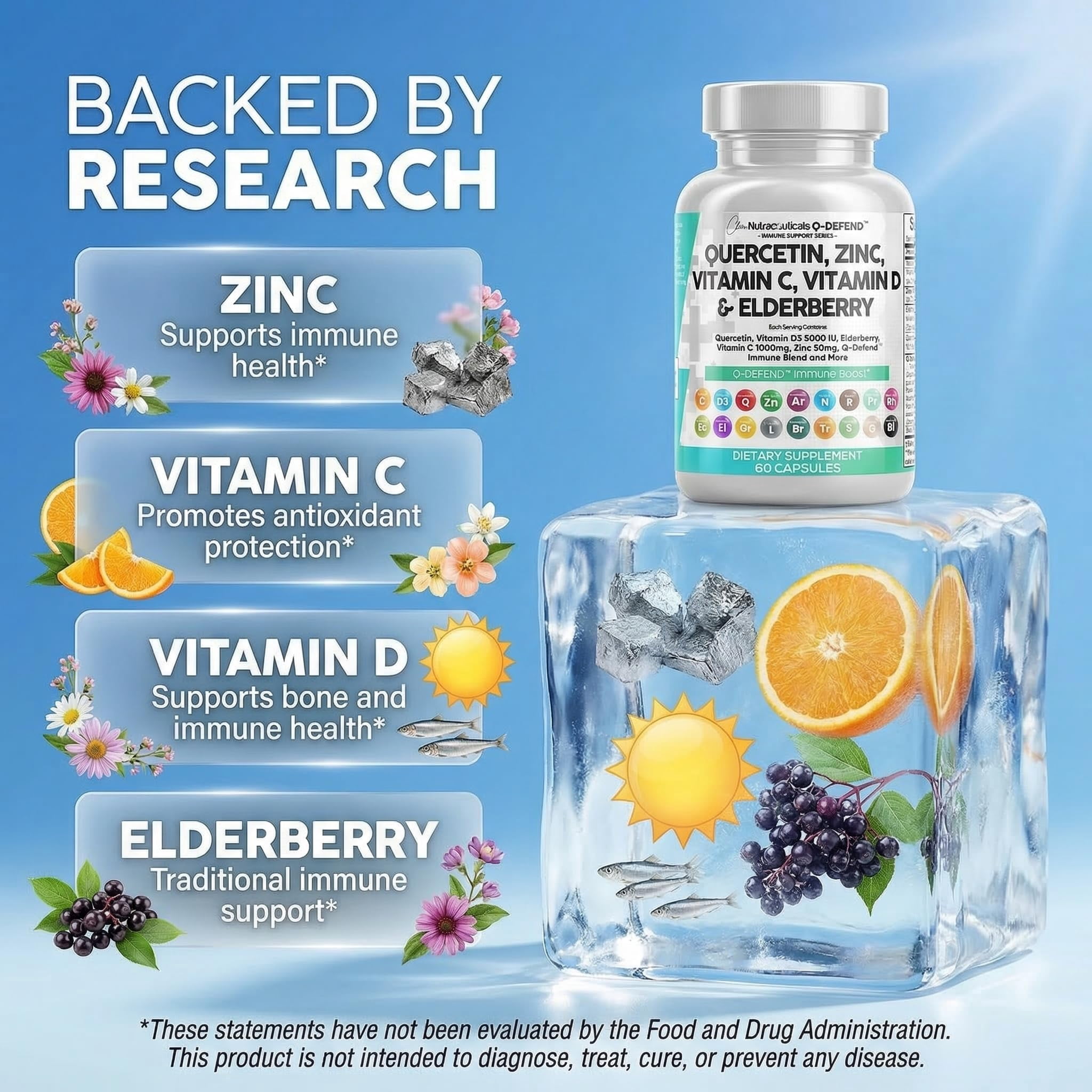 Q Defend Quercetin Supplement with Zinc Vitamin C Vitamin D Elderberry Turmeric Black Pepper Garlic Ginger Sea Moss Lysine Stinging Nettle Reishi Mushroom Immune Support 60 Capsules by Clean Nutra