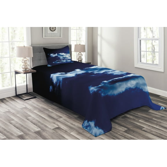 Ambesonne Dark Blue Quilted Bedspread Set 2 Pcs, Sky Dramatic Clouds, Twin Size, Blue Dark Blue White