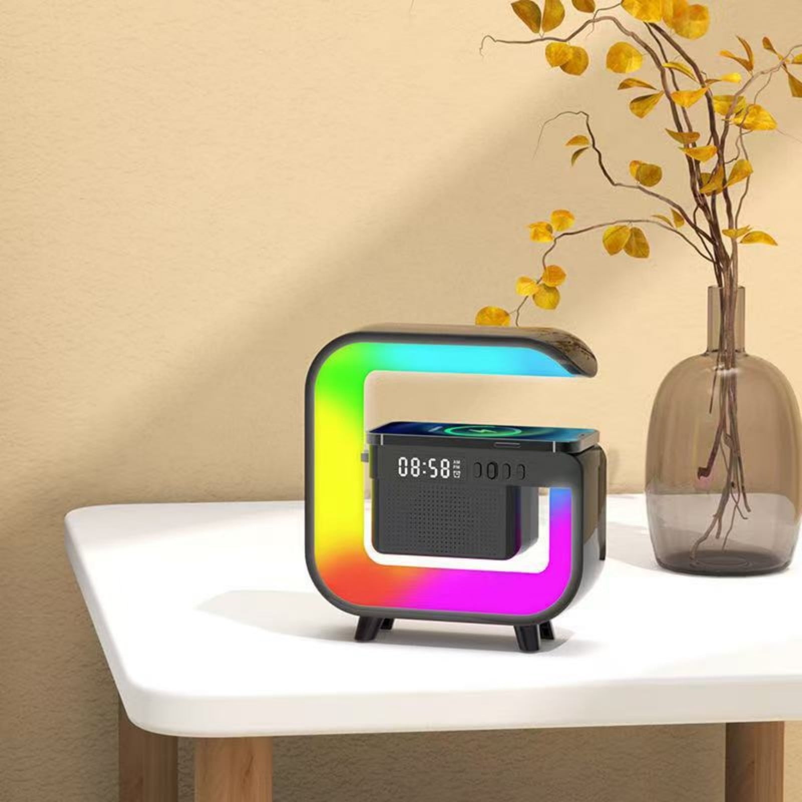 Bluetooth Speaker 3-in-1 Wireless Charger, Digital Alarm Clock Smart LED Table Lamp, Multifunctional Nightstand Organizer for Bedroom, Home Office Desk Decor