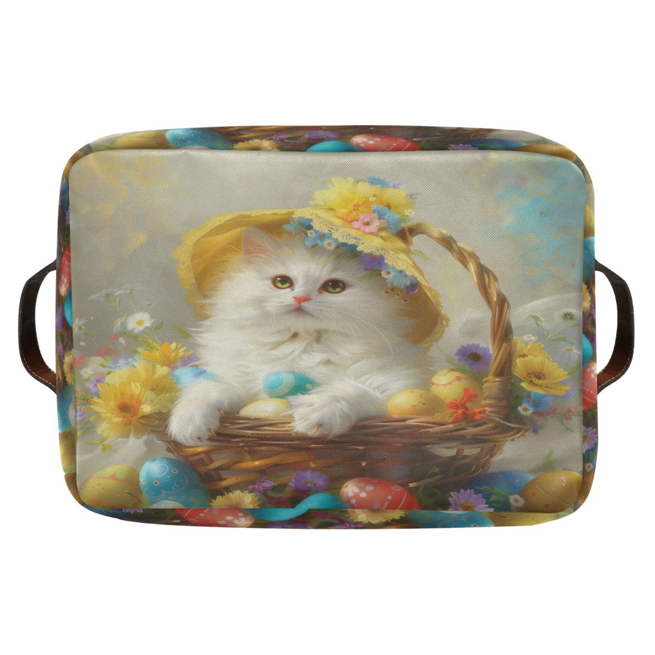 Storage Bins with Handle Fabric Organizer Basket Foldable Box 1 Pack Easter Egg with Cat 14.2x10.2x8.3