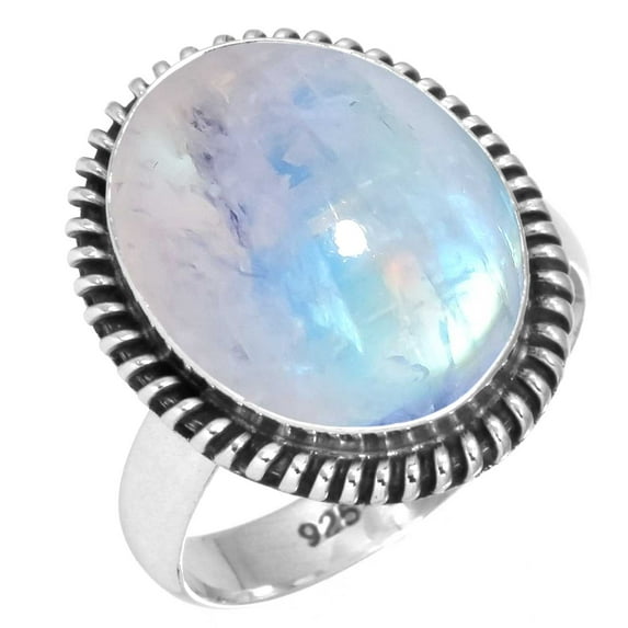 925 Sterling Silver Ring For Women - Girls White Real Rainbow Moonstone Gemstone Silver Ring Size 6.5 June Birthstone Boho Silver Ring Size 6.5 Easter Gift For Women 925 Silver Gemstone Jewelry