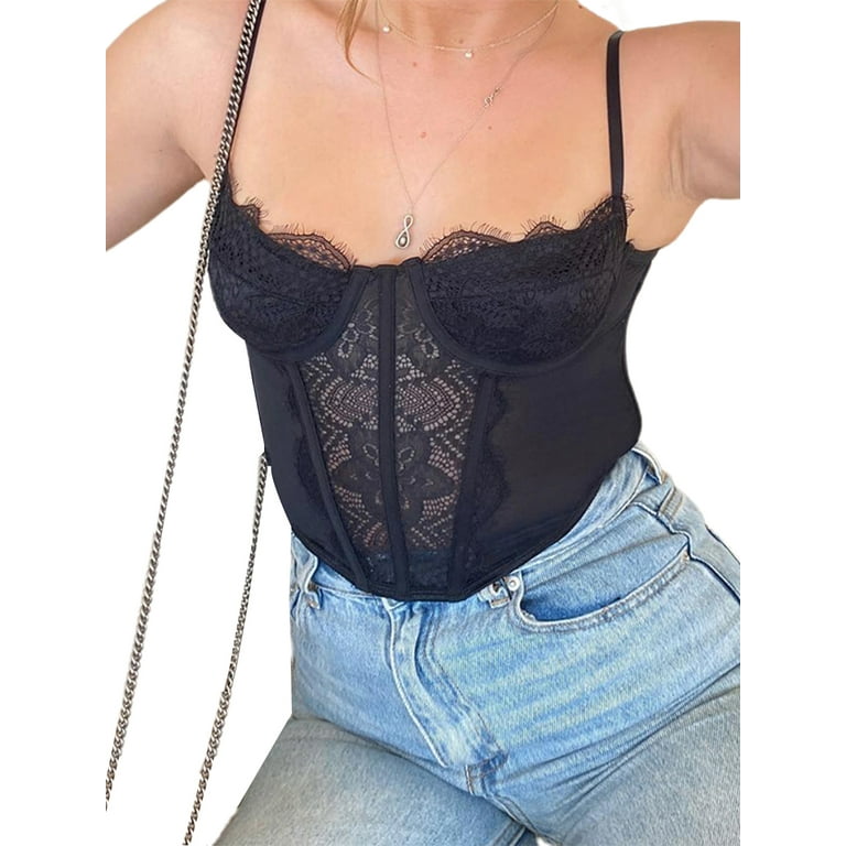 Women Push Up Lace Bustier Corset Tops Boned Backless Crop Top Lace Up Tank  Strappy Cami Vest Streetwear