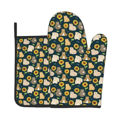

Gaeub Bear Sunflower Print Oven Mitts and Pot Holders Sets of 2 Heat Resistant Pad Cooking Gloves for Baking BBQ Home Decor