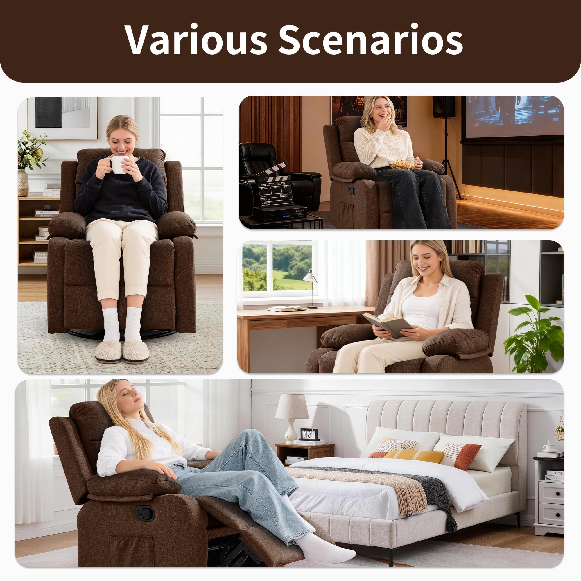 GEEYOO Manual Swivel Rocker Recliner Chair with Side Pockets,Small Recliner Chair for Small Spaces,Upholstered Linen Fabric Glider Nursery Chair for Living Room,Brown