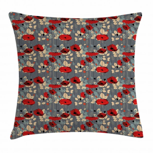 Poppy Throw Pillow Cushion Cover, Abstraction of a Growing Floral Garden Leaves Botanical Modern