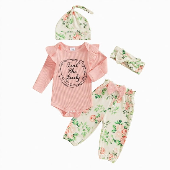 CAUYDY Newborn Baby Girl Clothes Long Sleeve Ruffle Romper Pants Hat Headband 4PCS Outfits Set for Infant 0-3M 3-6M Preemie Girls Fall Winter Spring Summer (Sizes 3-6 Months,Red)