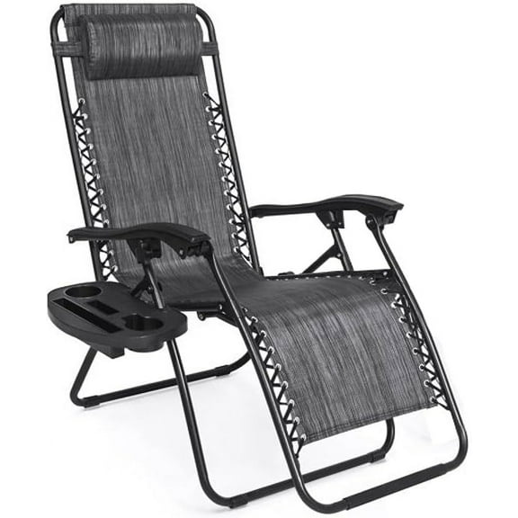 EZONE (1 Chair Lounge Chair Outdoor Adjustable Reclining Patio Chair Steel Mesh Folding Recliner for Pool Beach Camping Lounge Chair with Pillows and Cup Tray (1, Grey)