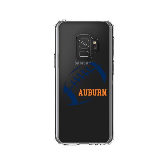 DistinctInk Clear Shockproof Hybrid Case for Samsung Galaxy S9 (5.8" Screen) - TPU Bumper, Acrylic Back, Tempered Glass Screen Protector - Auburn Football - Orange, Blue