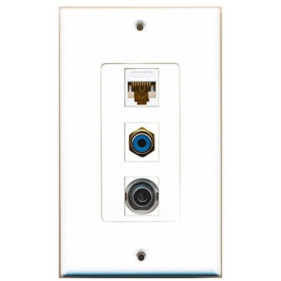 RiteAV - 1 Port RCA Blue and 1 Port 3.5mm and 1 Port Cat6 Ethernet White Decorative Wall Plate Decorative