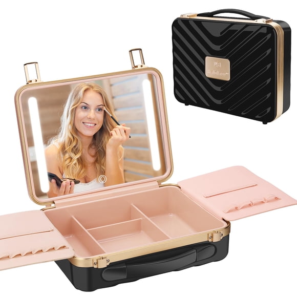 Maletas de viaje para maquillaje, tren, Kalolary, con espejo iluminado, color negro