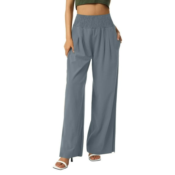 Franhais Women Wide-Leg Pants Solid Color Elastic High Waist Slit Loose Trousers Summer Casual Sweatpants Straight Bottoms