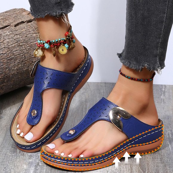 Pisexur Platforms Sandals for Women Casual Summer Comfortable Flip Flops with Arch Support Womens Decorative Metal Buckle Leather Cushioning Wedge Sandals Shoes Thong Slippers