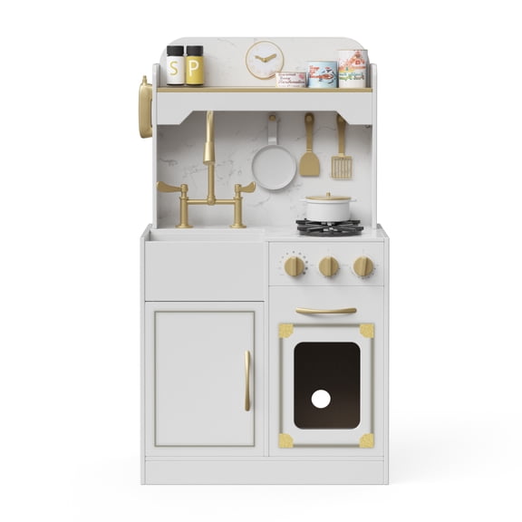 Teamson Kids Petite Versailles Classic Wooden Play Kitchen with Toy Set with Sink, Stove & 11 Accessories