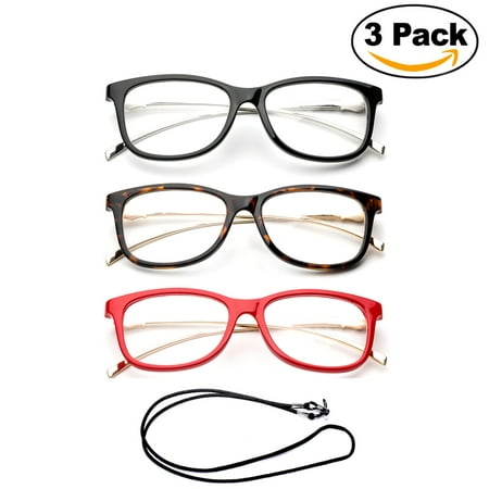 3 Pack Newbee Fashion- Cateye Metal Frame Comfortable Stylish High Quality Readers Cheaters Side Temple Print Reading Glasses for Women with Bifocal Lenses with Lanyard